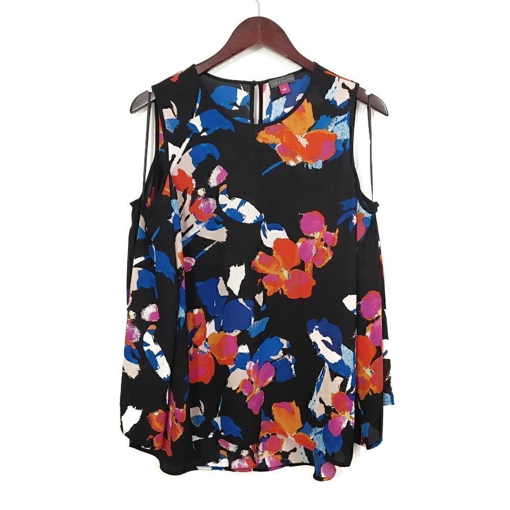 New Vince Top Bell Sleeve Cold Shoulder Floral Size Small Black